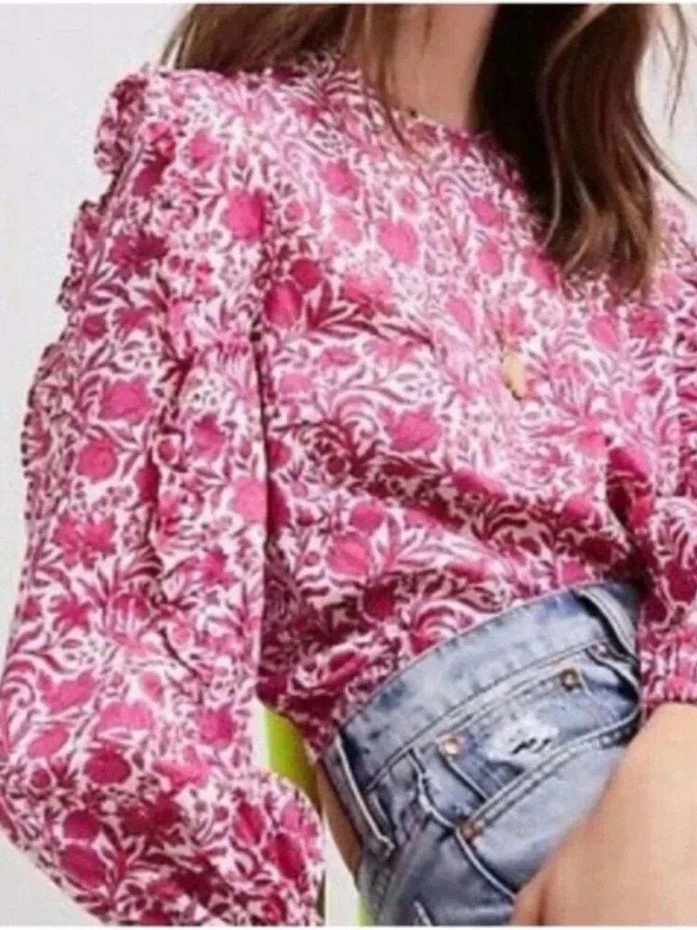 J.Crew Liberty Sambourne Floral Ruffle Sleeve Top Azalea size XL 100% cotton